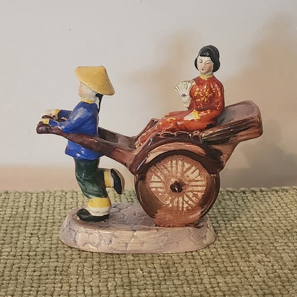 Occupied Japan Rickshaw Figurine Porcelain Man Woman Hand Painted 1940s Japan - Picture 1 of 8